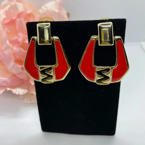 Vintage Red Enamel & Gold Tone Estate Earrings - Picture 1 of 5